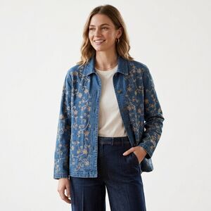 Rare Vintage Jane Ashley Women's Large Jute Embroidered Denim Jacket Blue Floral